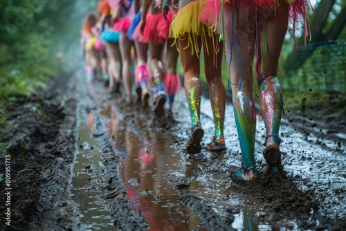 Close-up: Mud-splattered legs of runners in neon tutus and fairy wings photo