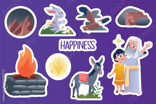 Set of stickers Happiness in flat cartoon design. This illustration shows a happy Isaac and Abraham, a sacrificial fire and everything around them. Vector illustration. © Andrey