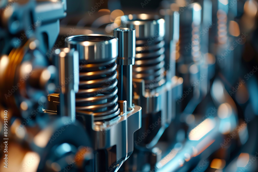 Macro shot of a high-performance car engine, detailing pistons and valves, engineering precision visible Macro shot of a high-performance car engine, detailing pistons and valves, engineering precision visible