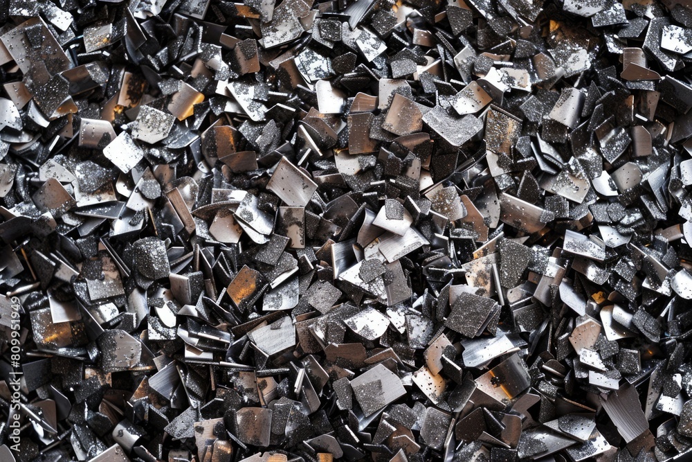 A pile of broken metal pieces on a table, suitable for industrial concepts A pile of broken metal pieces on a table, suitable for industrial concepts
