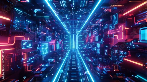 A futuristic sci-fi tunnel with blue and red neon lights