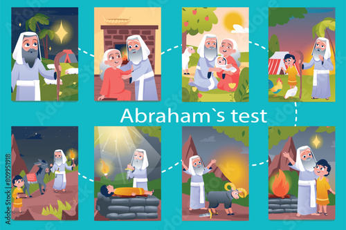 Set of images Abrahams test in flat cartoon design. This set of illustrations shows scenes from the biblical story of the test of Abraham's faith. Vector illustration. © Andrey