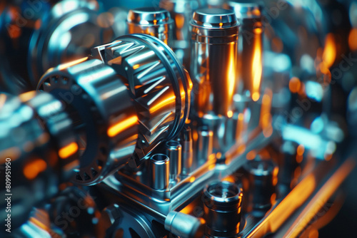 Macro shot of a high-performance car engine, detailing pistons and valves, engineering precision visible  photo
