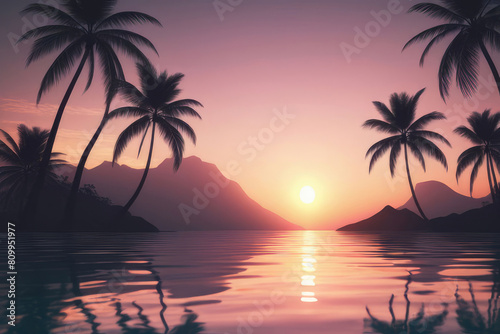 Sunset over the palm trees on an exotic beach  with a colorful sky and reflections in the water.