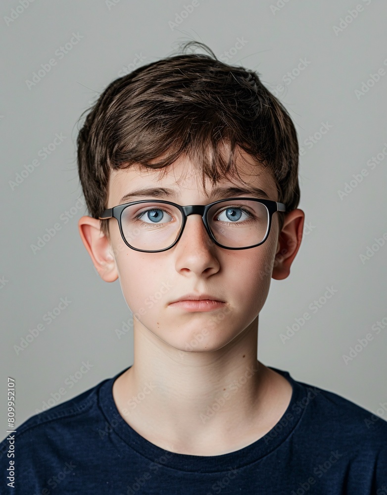 ID Photo for Passport : European teenager boy with straight short black hair and blue eyes, with glasses and wearing a navy t-shirt