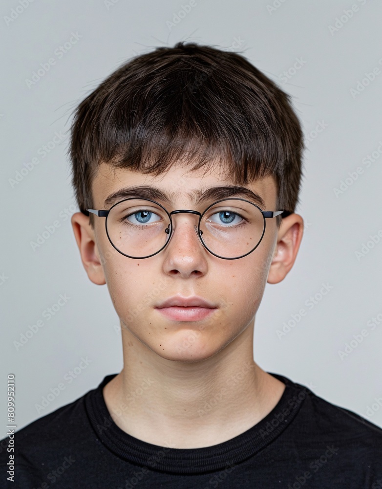 ID Photo for Passport : European teenager boy with straight short black hair and blue eyes, with glasses and wearing a black t-shirt