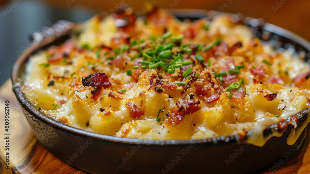 Scrumptious mac and cheese in a cast iron skillet, topped with crispy bacon and fresh chives, perfect for comfort food photography Scrumptious mac and cheese in a cast iron skillet, topped with crispy bacon and fresh chives, perfect for comfort food photography