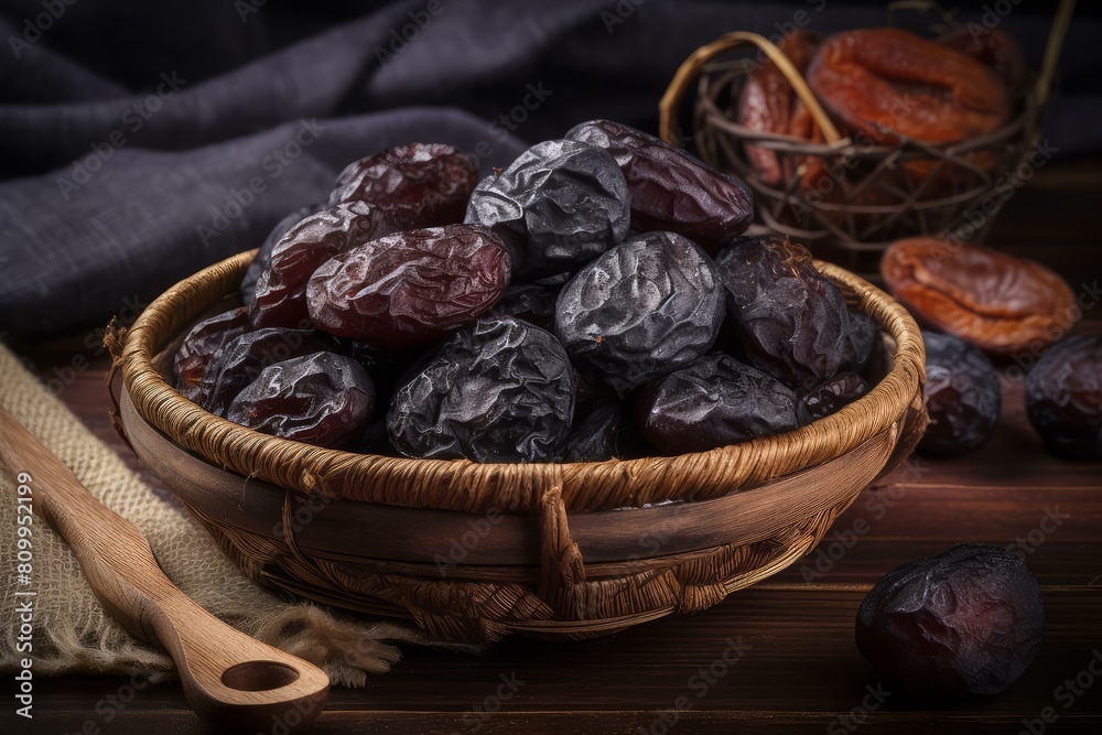 Sweet dried plums. Food dessert bowl of organic fruits. Generate Ai Sweet dried plums. Food dessert bowl of organic fruits. Generate Ai