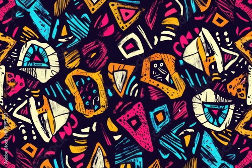 Colorful geometric shapes pattern on a black background  suitable for graphic design projects
