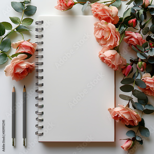 Bloc de notas con fondo blanco,  rosas  rosadas en el lado photo