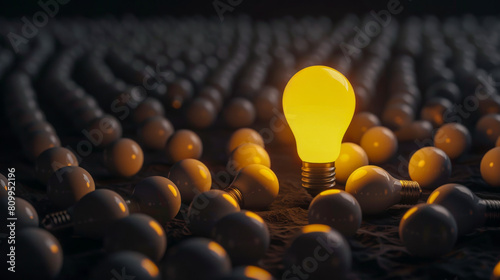 a group of light bulb on a dark background, one idea 
