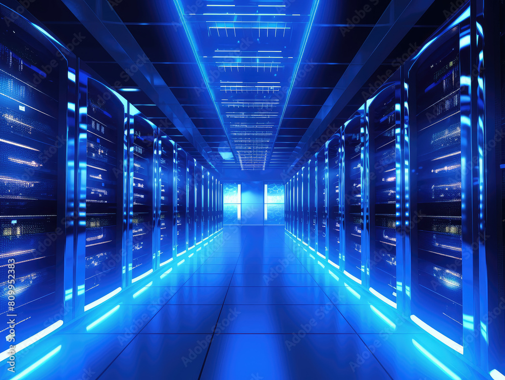 Futuristic Data Center with Blue Lighting Futuristic Data Center with Blue Lighting