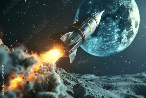 Macro shot of a screen displaying a Bitcoin rocket animation soaring towards a stylized moon  photo