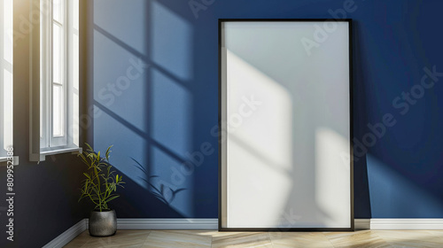 Modern art gallery featuring a single large white frame on a deep blue wall, perfect for minimalist displays with window light. Perfect for editing 