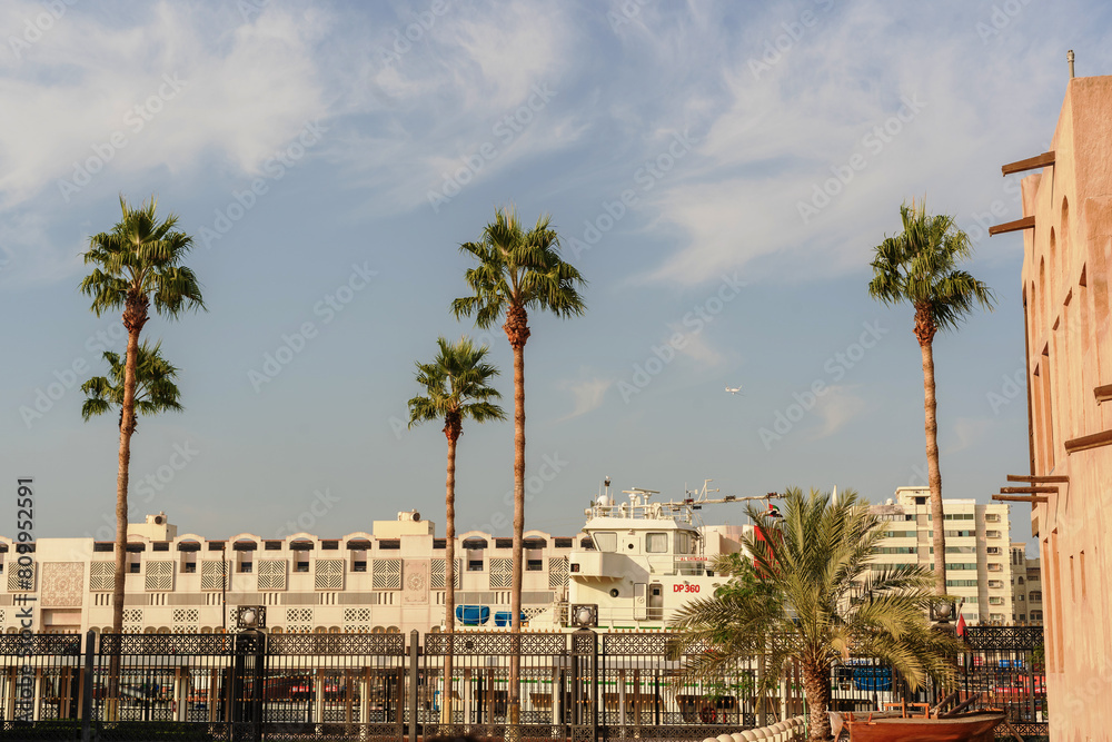 A view that crosses the Dubai Creek from The Al Farooq Mosque court yard in Al Fahidi historic neighbourhood