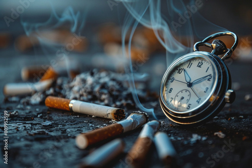 Macro shot of a stopwatch next to a cigarette, symbolizing the urgent time to quit for a longer, healthier life 