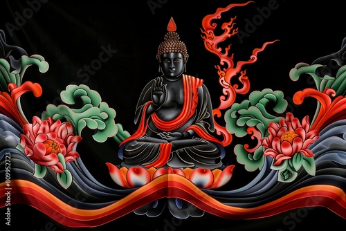Illustration of a Buddha statue, concept of Buddhism, spiritual balance, mental practices and tranquility, Asian tradition, culture, banner, poster, Buddha Purnima celebration concept, black, art photo