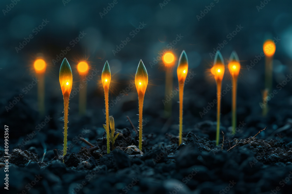An array of spears depicted as growing plant stems, each stem reaching ...