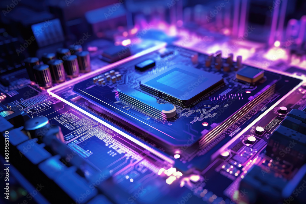 Futuristic Glowing Circuit Board with Central Processor Unit