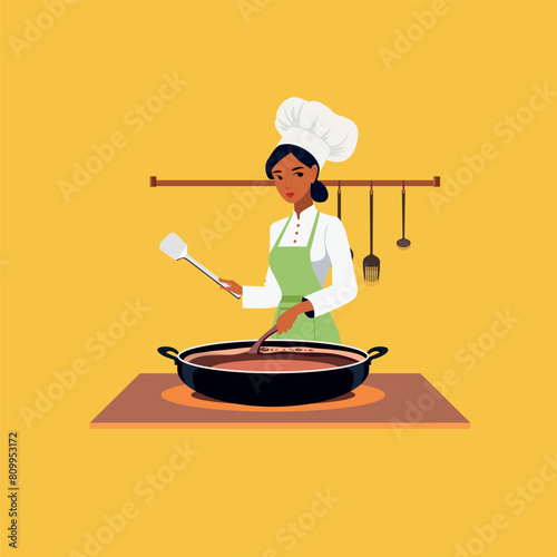 Vector illustration of a beautiful female chef wearing a green apron, stirring a pot of delicious hearty soup.