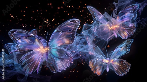 Swirling Kaleidoscopic Butterflies Soaring Through Dreamlike Void of Bioluminescent Energy photo