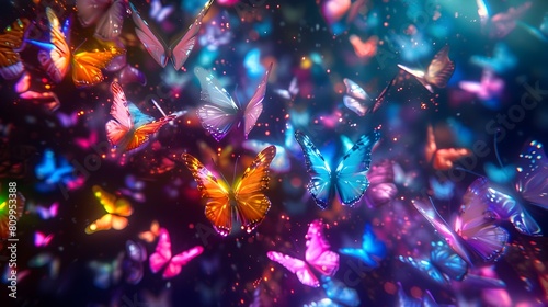 Mesmerizing Swarm of Neon Butterflies Dancing Across Ethereal Void with Vibrant Iridescent Hues and Dynamic Motion