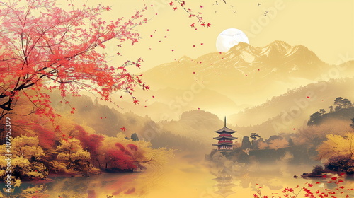 Japanese style background illustration in yellow colour