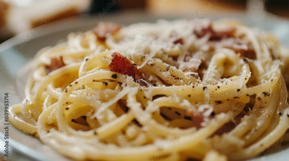 Close-up of delicious spaghetti carbonara garnished with grated cheese and crispy pancetta on a plate, perfect for an italian cuisine theme Close-up of delicious spaghetti carbonara garnished with grated cheese and crispy pancetta on a plate, perfect for an italian cuisine theme