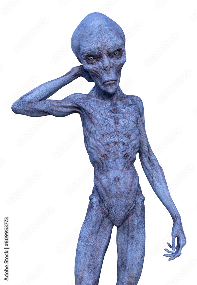 Illustration of a blue skinned sunken eyed alien looking forward with one hand behind its head on a white background.