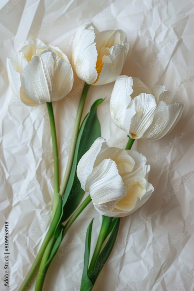 Three white tulips arranged on a piece of paper. Ideal for spring and nature-themed projects