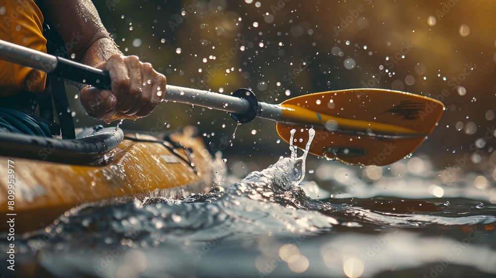 Fototapeta premium Close-up of a man holding a paddle in a kayak