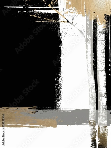A black and white abstract painting adorned with shimmering gold accents, creating a striking visual contrast