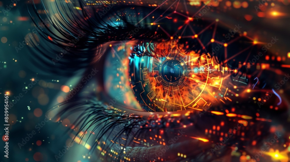 A close-up of a human eye, the iris replaced by a screen filled with pixelated static, reflecting a corrupted digital landscape A close-up of a human eye, the iris replaced by a screen filled with pixelated static, reflecting a corrupted digital landscape