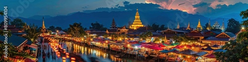 Vibrant Chiang Mai Night Market with Illuminated Temples and Riverfront Stalls photo