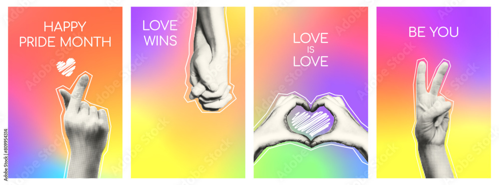 LGBTQ Pride month halftone collage vertical poster templates set ...