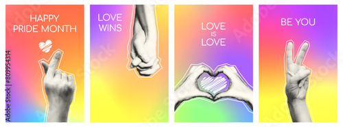 LGBTQ Pride month halftone collage vertical poster templates set. Grunge cut out from magazine human hands against rainbow mesh gradient background with positive slogans.Vector illustration
