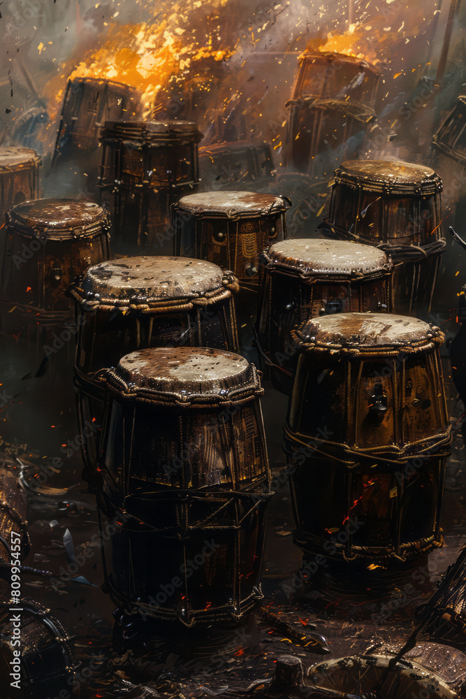Drums depicted as a series of bold, aggressive brush strokes in a war-themed painting, each stroke intensifying the scene, Drums depicted as a series of bold, aggressive brush strokes in a war-themed painting, each stroke intensifying the scene,