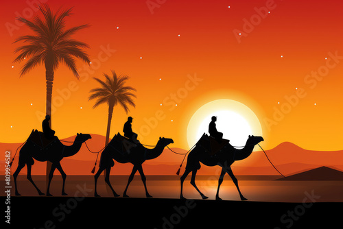 Desert Caravan Silhouettes Against Sunset Sky