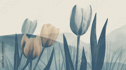 Hand-drawn minimalistic tulip pattern wallpaper. Tulip image designed with textile items. #809954771