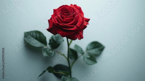 A vibrant red rose  with its velvety layered petals and all. 