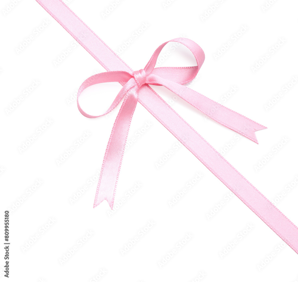 Pink satin ribbon with bow on white background, above view Pink satin ribbon with bow on white background, above view