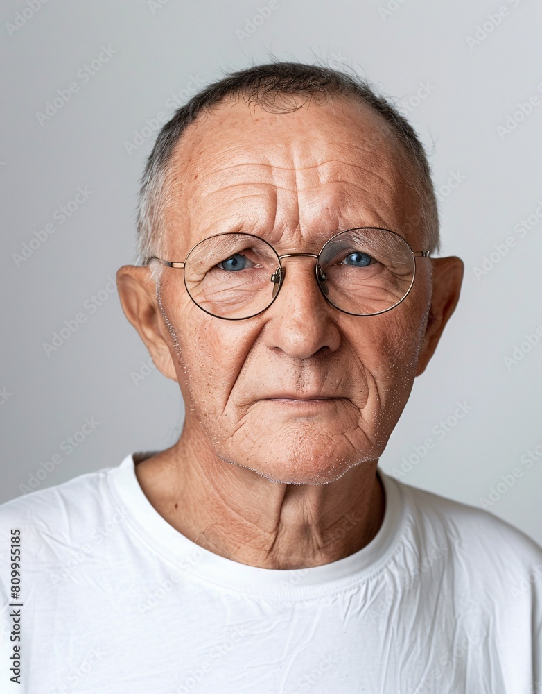 Obraz premium ID Photo for Passport : European elderly person man with straight short black hair and blue eyes, clean-shaven, with glasses and wearing a white t-shirt