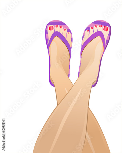 Cute purple striped slippers. Slender tanned female legs in flip-flops on a white background. Holidays at the resort. The pink summer sandals. Rest on the sea. Vector EPS 10