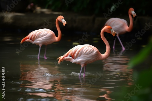 Trio of vibrant flamingos gracefully wades in tranquil waters  surrounded by lush greenery