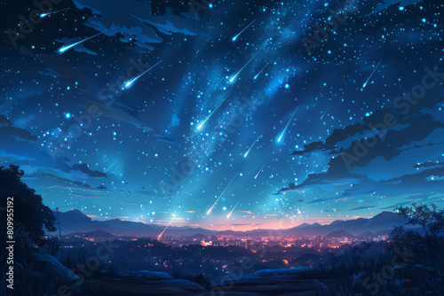An illustration of a night sky with a blue to black gradient, featuring shooting stars with trailing lights,