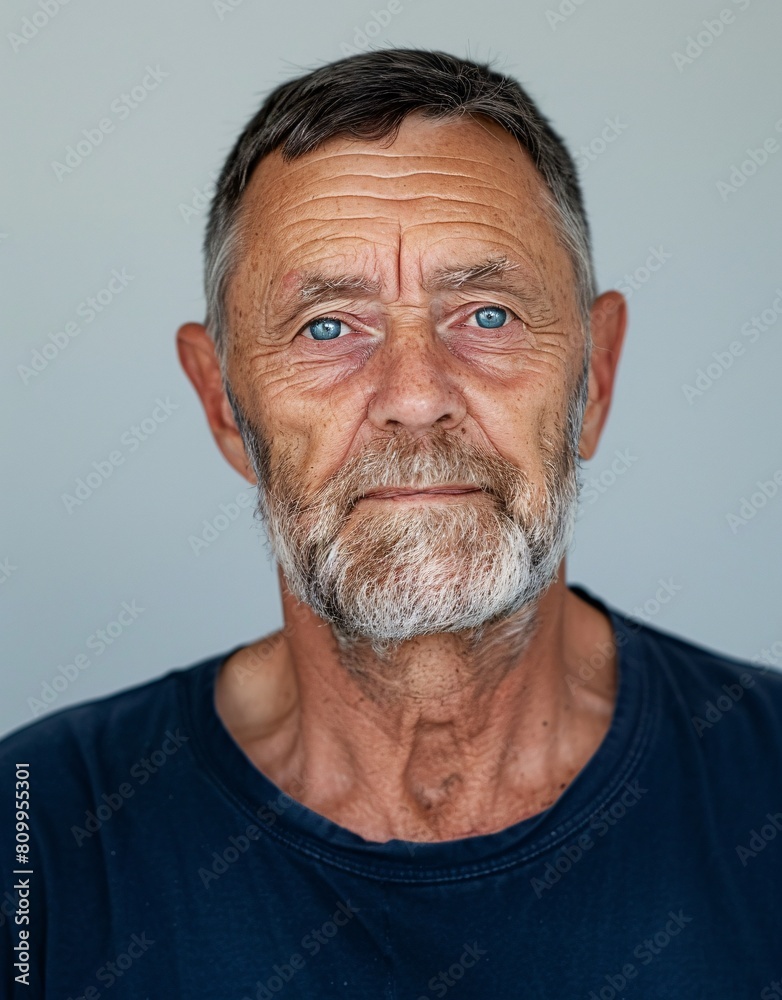Obraz premium ID Photo for Passport : European elderly person man with straight short black hair and blue eyes, short beard, without glasses and wearing a navy t-shirt