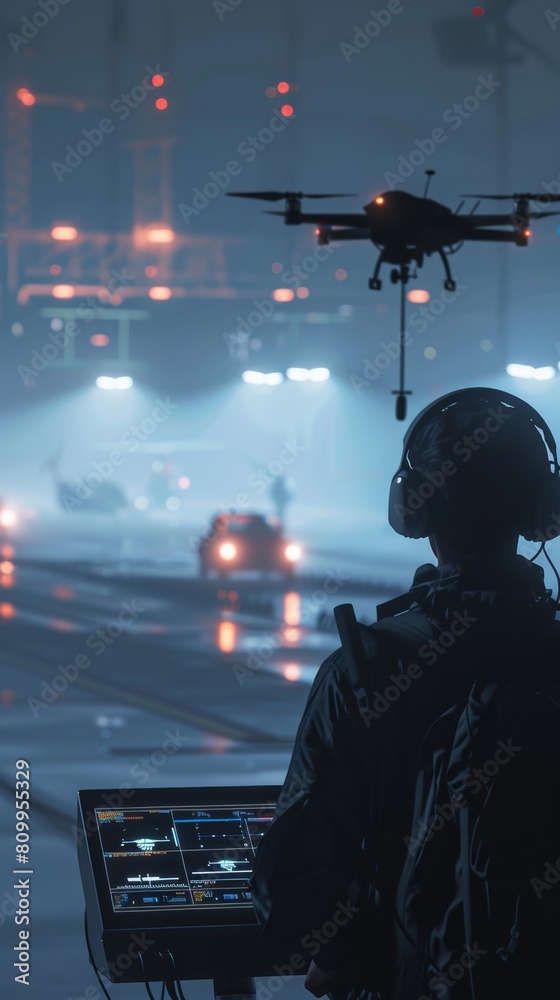 A pilot remotely controlling a MALE drone from a high-tech ground station, emphasizing the human element A pilot remotely controlling a MALE drone from a high-tech ground station, emphasizing the human element
