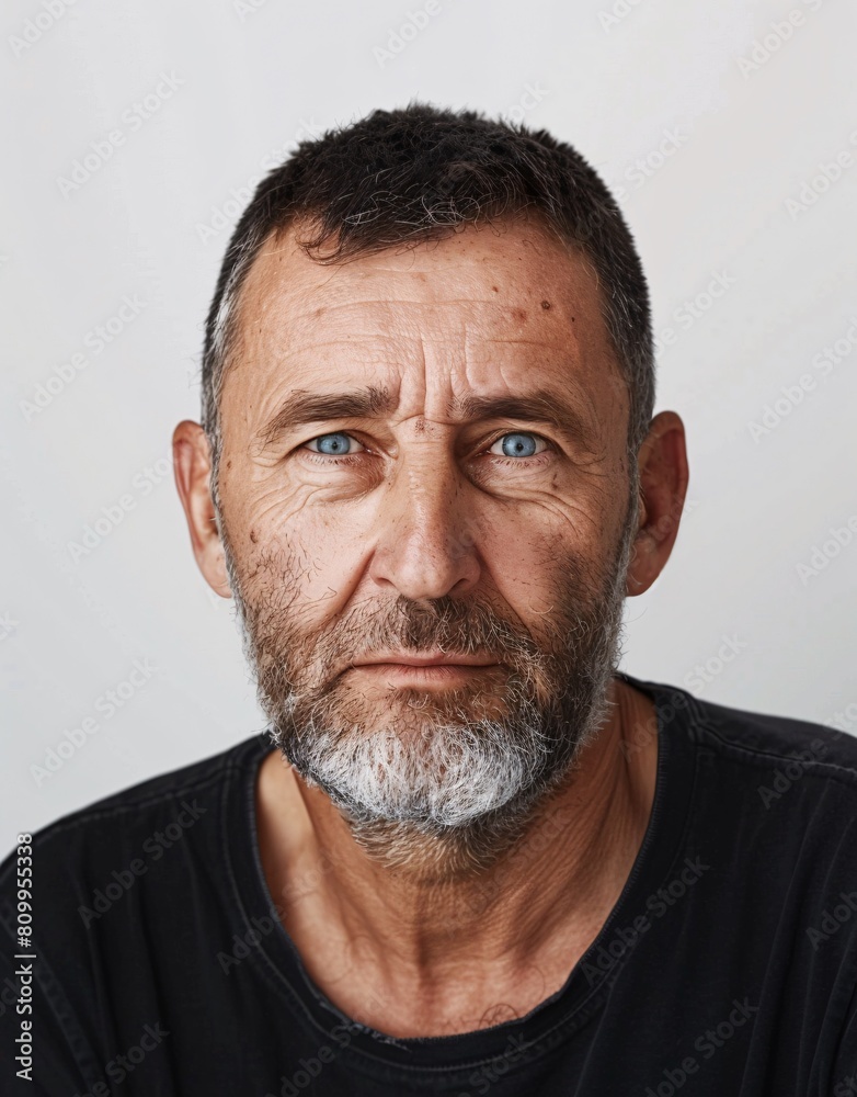 Obraz premium ID Photo for Passport : European elderly person man with straight short black hair and blue eyes, medium beard, without glasses and wearing a black t-shirt