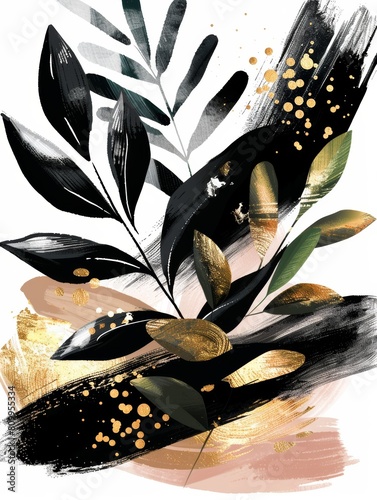 A painting featuring a plant with leaves in striking gold and black colors, creating a visually captivating contrast