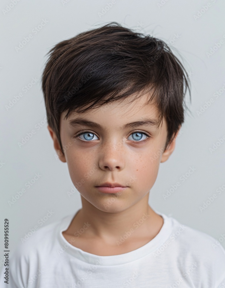 ID Photo for Passport : European child boy with straight short black hair and blue eyes, without glasses and wearing a white t-shirt